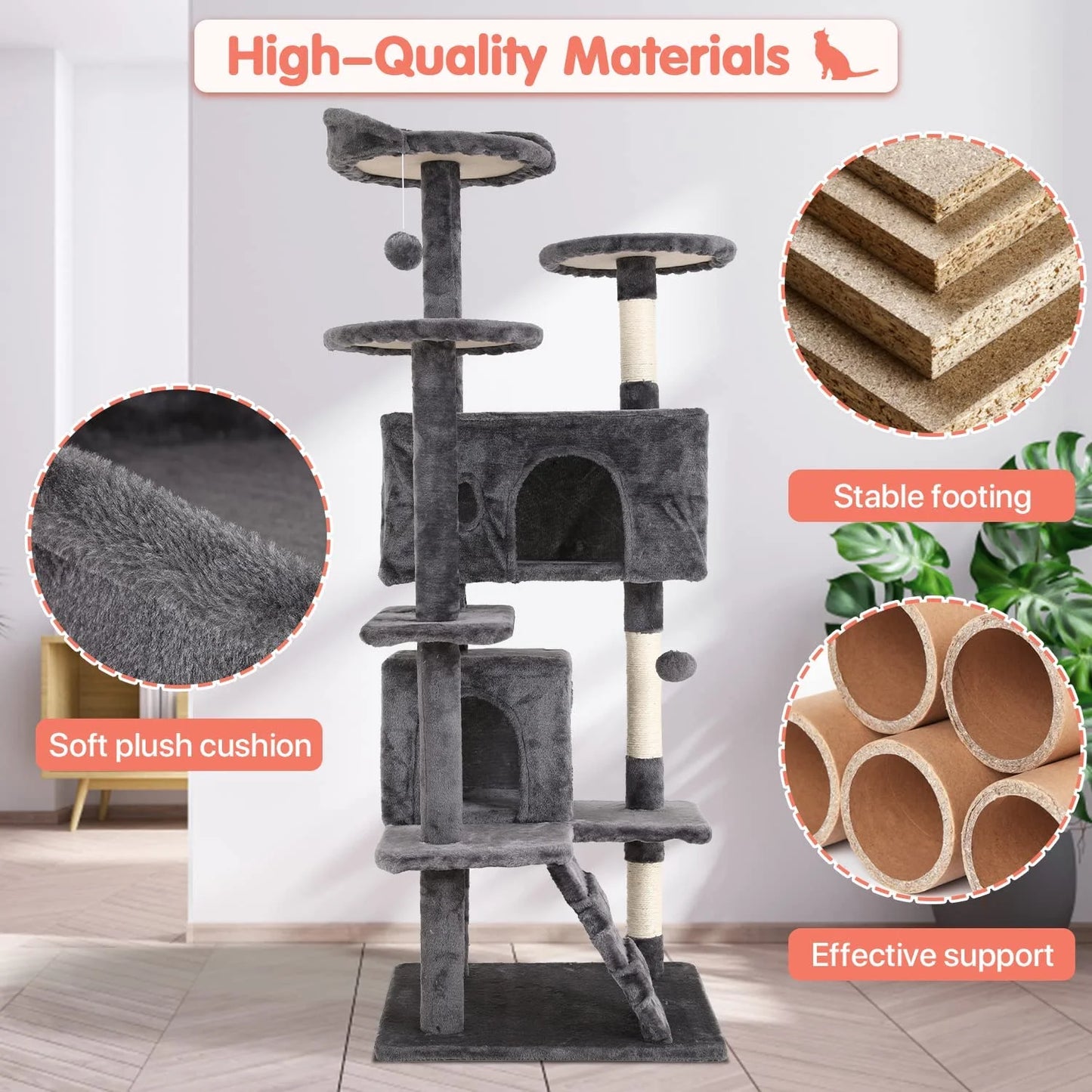 54-Inch Double Condo Cat Tree Tower with Scratching Post and Perch for Indoor Use, Ash Gray
