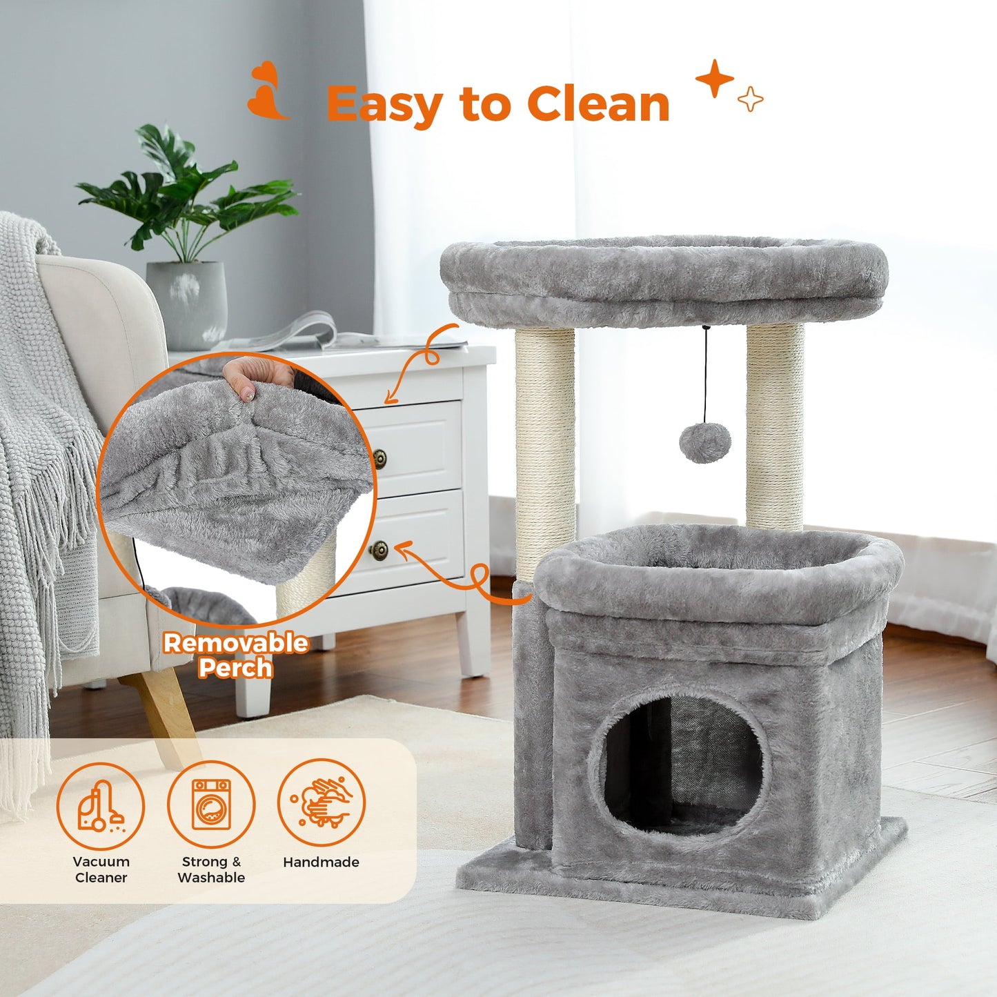 27-Inch Cat Tree Condo with Spacious Top Perch and Scratching Posts for Kittens and Medium Cats in Gray