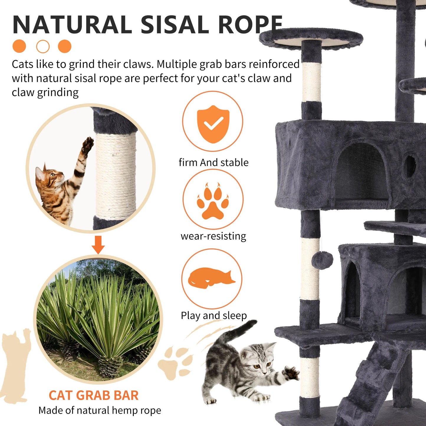 54-Inch Double Condo Cat Tree Tower with Scratching Post and Perch for Indoor Use, Ash Gray