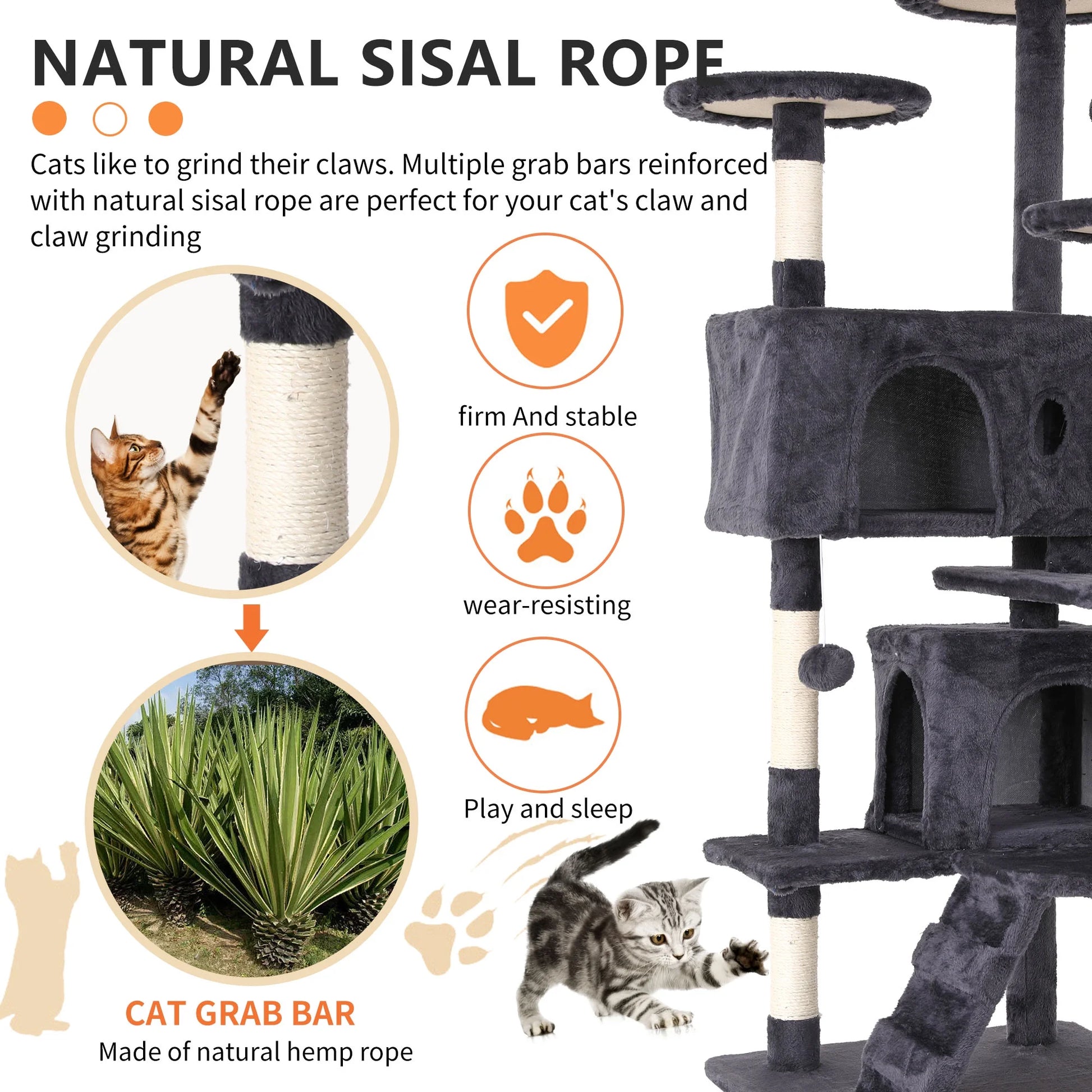 54-Inch Double Condo Cat Tree Tower with Scratching Post and Perch for Indoor Use, Ash Gray