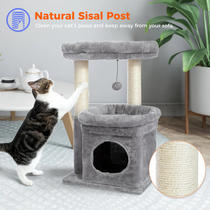 27-Inch Cat Tree Condo with Spacious Top Perch and Scratching Posts for Kittens and Medium Cats in Gray