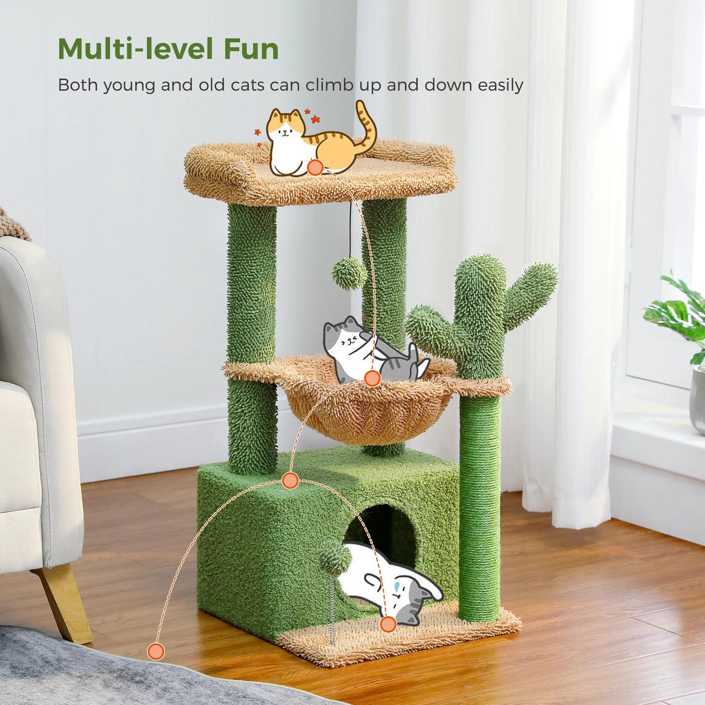 Cactus-Inspired 33" Cat Tree with Scratching Posts, Spacious Top Perch, and Hammock for Medium Indoor Cats - Green