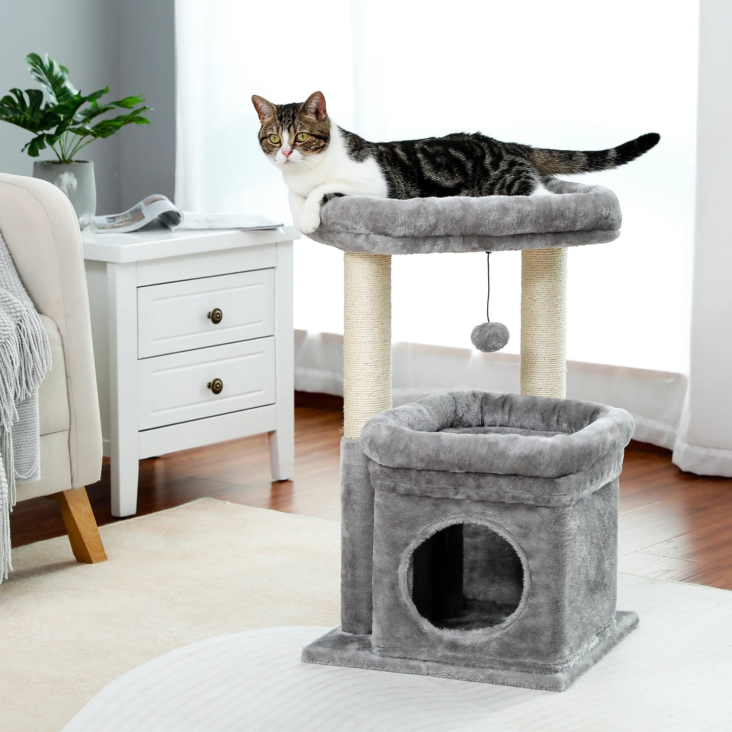 27-Inch Cat Tree Condo with Spacious Top Perch and Scratching Posts for Kittens and Medium Cats in Gray