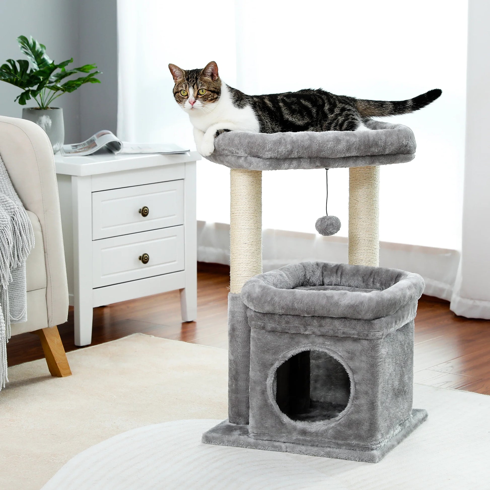 27-Inch Cat Tree Condo with Spacious Top Perch and Scratching Posts for Kittens and Medium Cats in Gray
