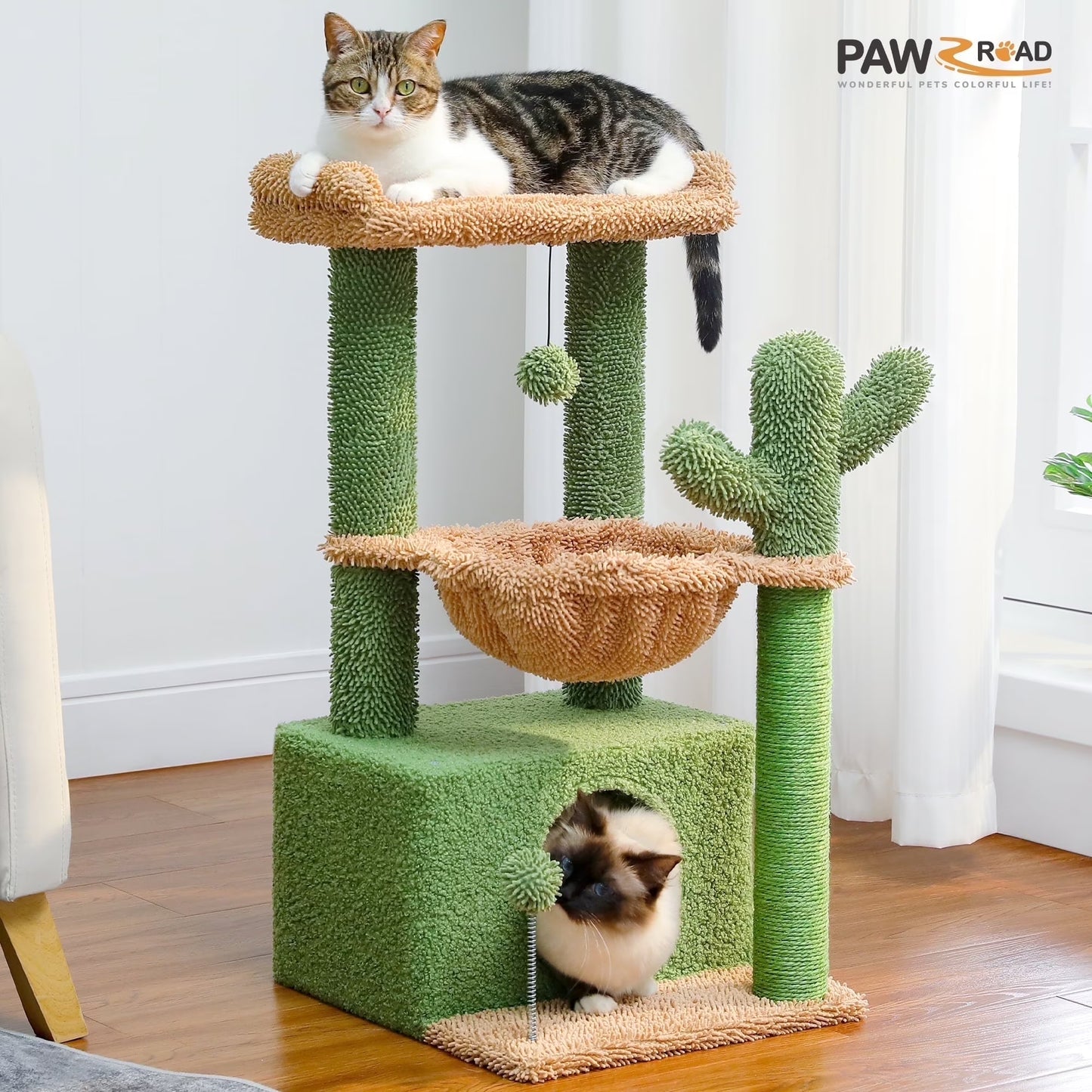 Cactus-Inspired 33" Cat Tree with Scratching Posts, Spacious Top Perch, and Hammock for Medium Indoor Cats - Green