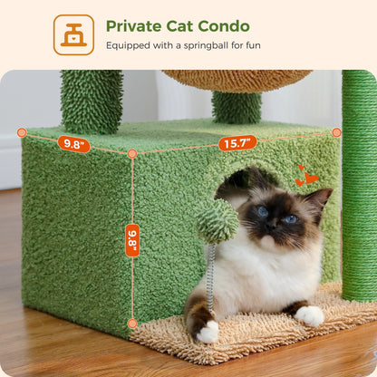 Cactus-Inspired 33" Cat Tree with Scratching Posts, Spacious Top Perch, and Hammock for Medium Indoor Cats - Green