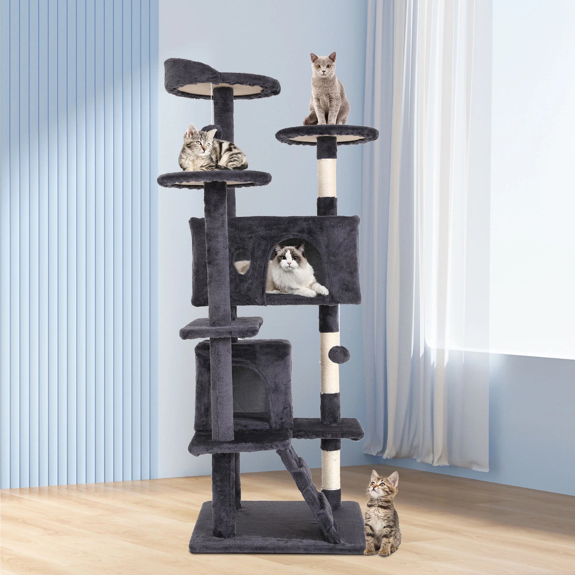 54-Inch Double Condo Cat Tree Tower with Scratching Post and Perch for Indoor Use, Ash Gray