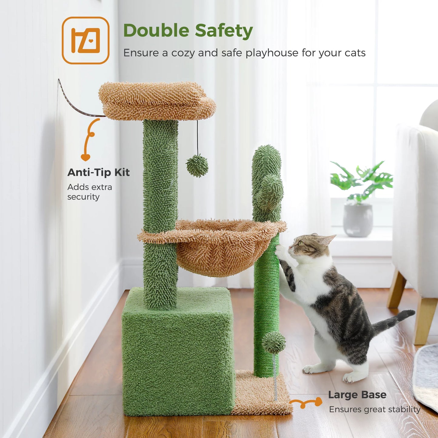 Cactus-Inspired 33" Cat Tree with Scratching Posts, Spacious Top Perch, and Hammock for Medium Indoor Cats - Green