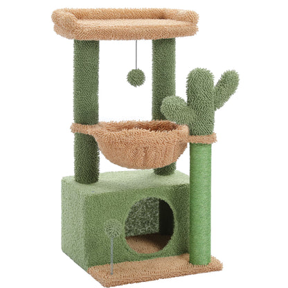 Cactus-Inspired 33" Cat Tree with Scratching Posts, Spacious Top Perch, and Hammock for Medium Indoor Cats - Green