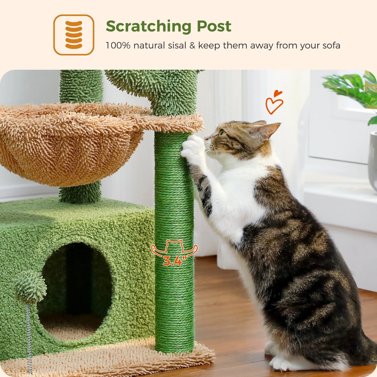 Cactus-Inspired 33" Cat Tree with Scratching Posts, Spacious Top Perch, and Hammock for Medium Indoor Cats - Green
