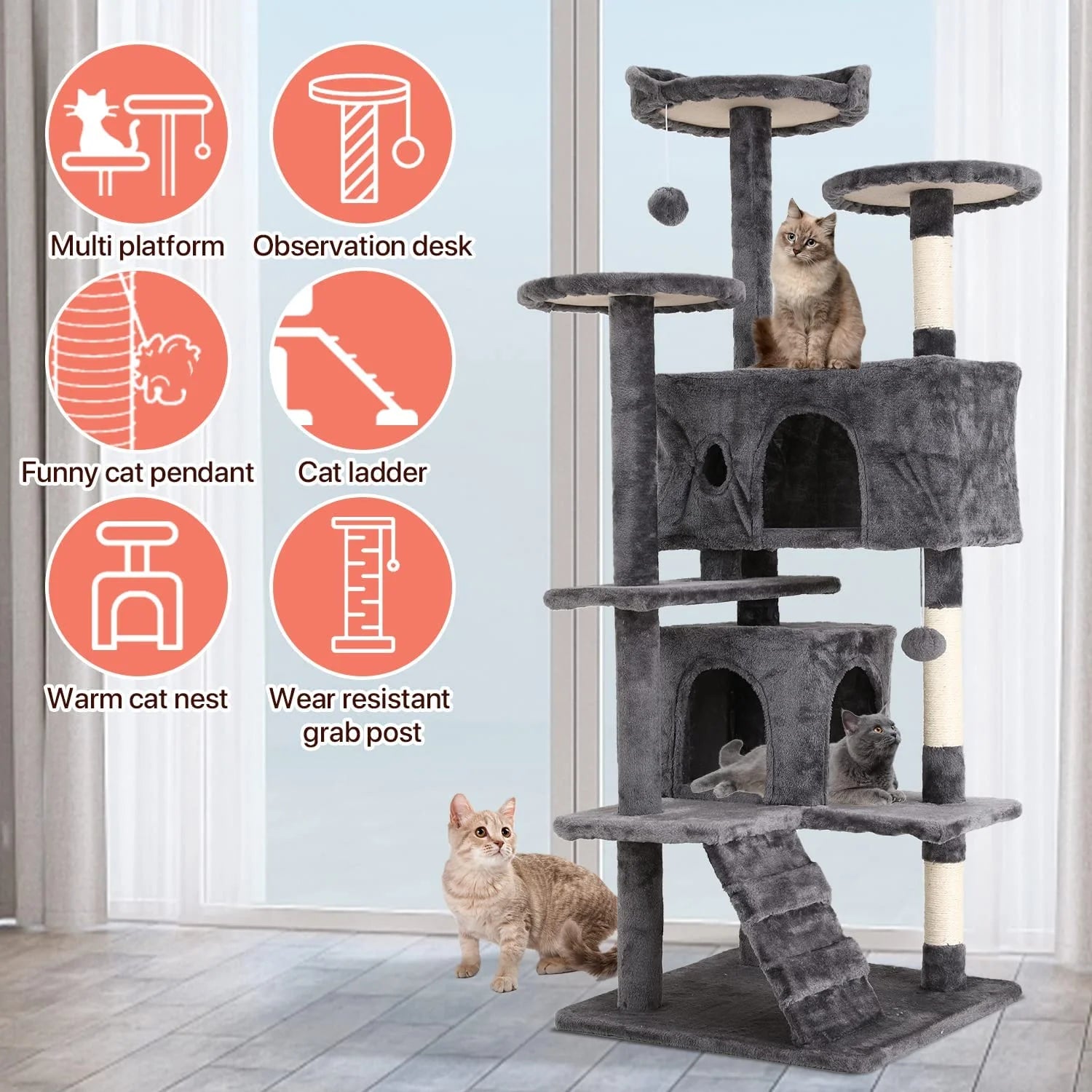 54-Inch Double Condo Cat Tree Tower with Scratching Post and Perch for Indoor Use, Ash Gray