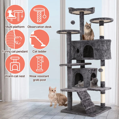 54-Inch Double Condo Cat Tree Tower with Scratching Post and Perch for Indoor Use, Ash Gray