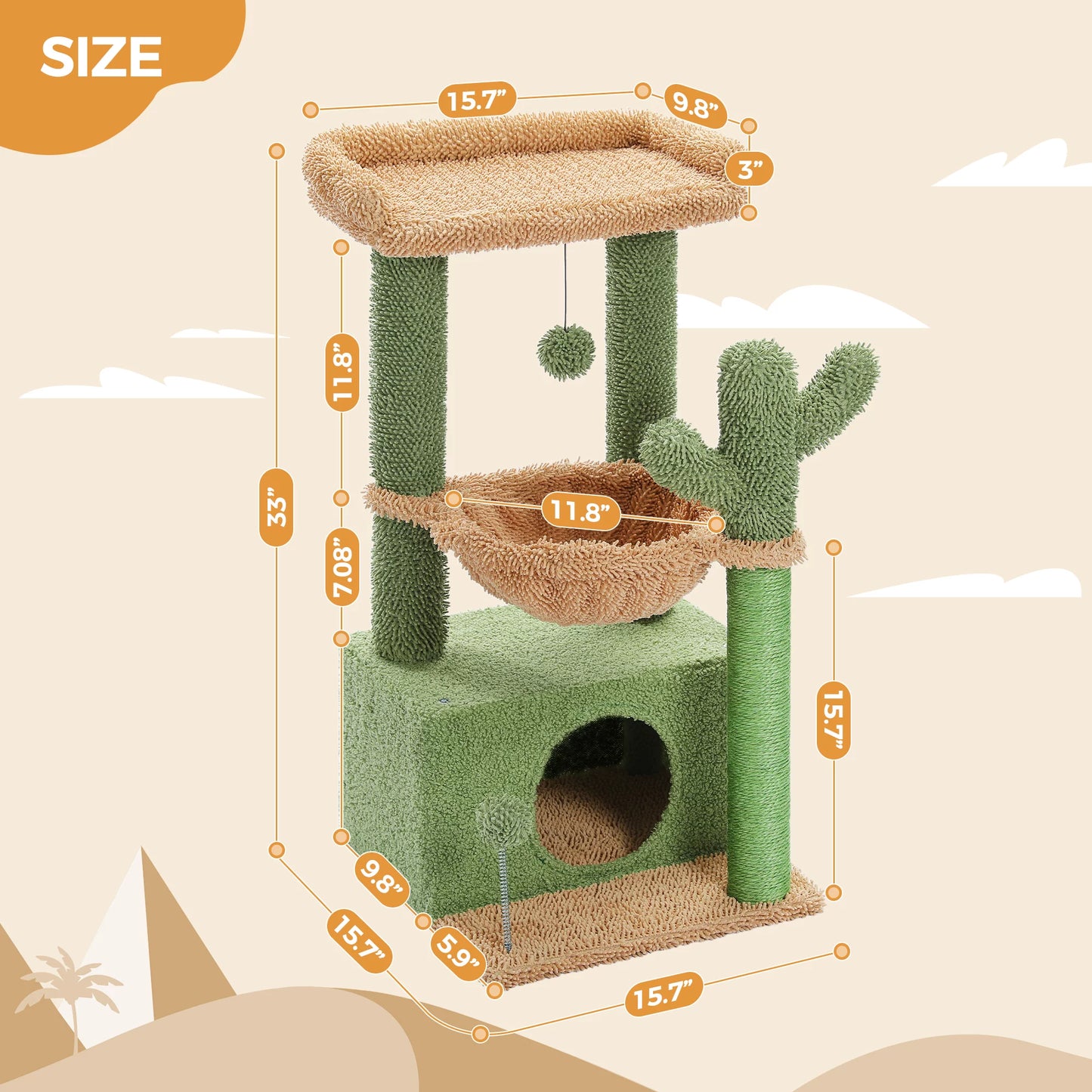 Cactus-Inspired 33" Cat Tree with Scratching Posts, Spacious Top Perch, and Hammock for Medium Indoor Cats - Green