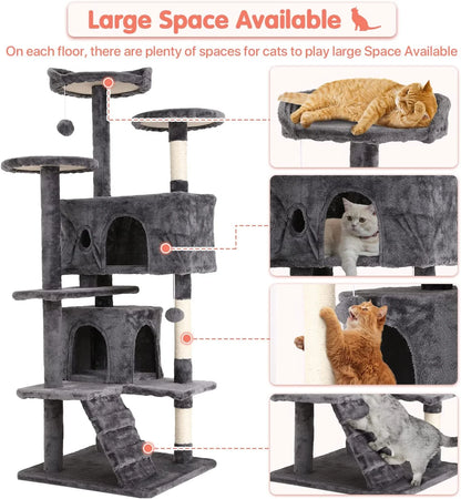 54-Inch Double Condo Cat Tree Tower with Scratching Post and Perch for Indoor Use, Ash Gray