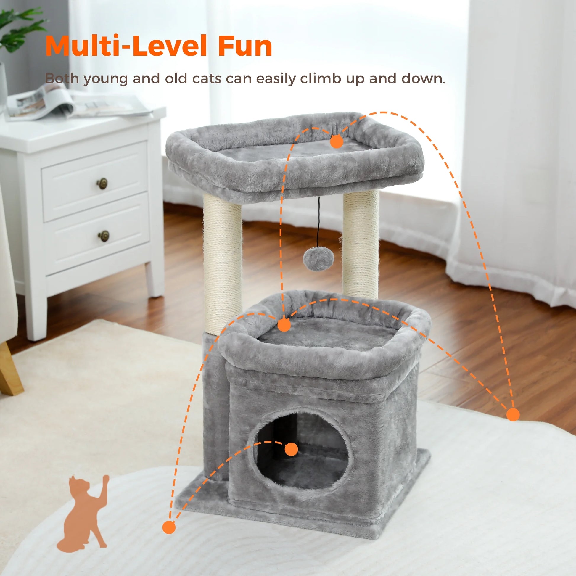 27-Inch Cat Tree Condo with Spacious Top Perch and Scratching Posts for Kittens and Medium Cats in Gray
